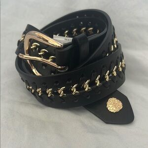 Vince Camuto Black and Gold Chain-Embellished Belt